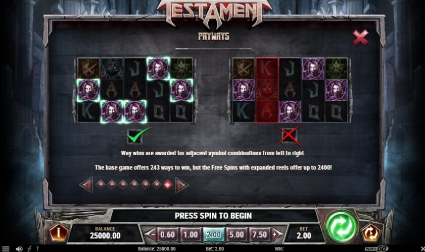 Настройки игрового слота Testament