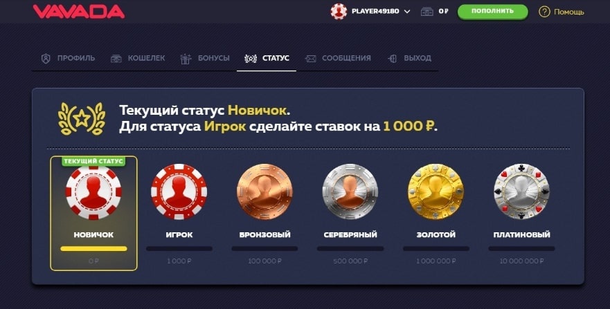 Vavada Профиль игрока