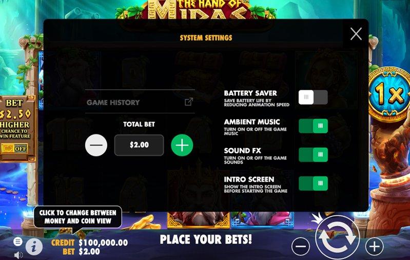 Настройки слота The Hand of Midas